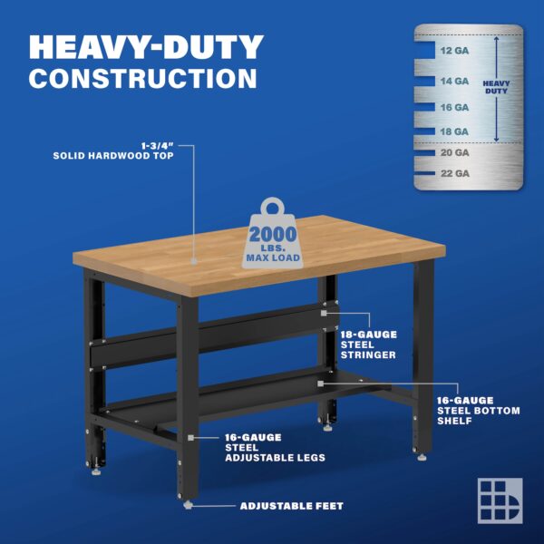 Image showcasing steel gauge details for a 48" Wide Adjustable wood workbench