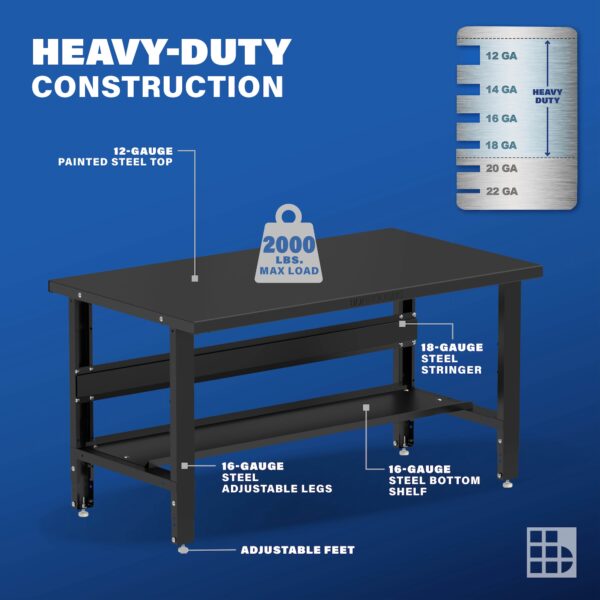 Image showcasing steel gauge details for a 60" Wide Adjustable Height Steel work bench