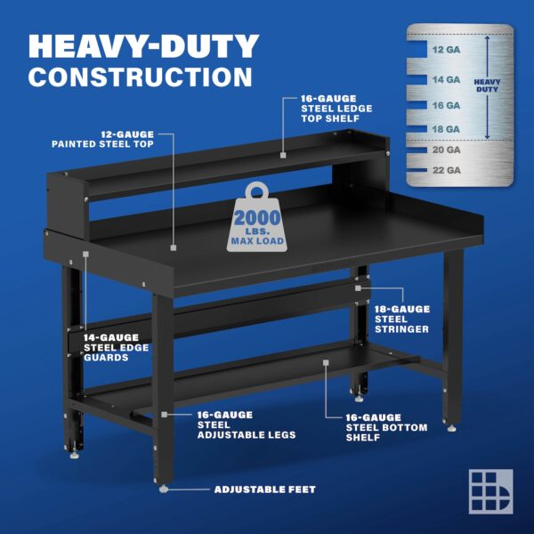 Image showcasing steel gauge details for a 60" Wide metal work bench for sale