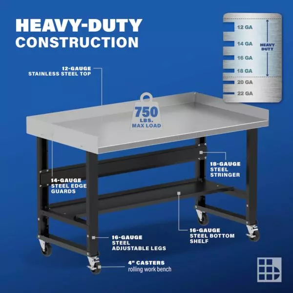 Image showcasing steel gauge details for a 60" Wide Mobile Garage Stainless Steel Workbench