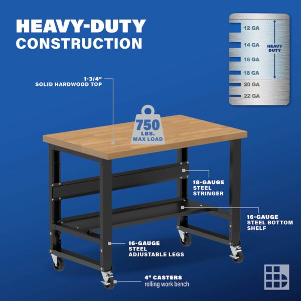 Image showcasing steel gauge details for a 48" Wide mobile solid wood top workbench