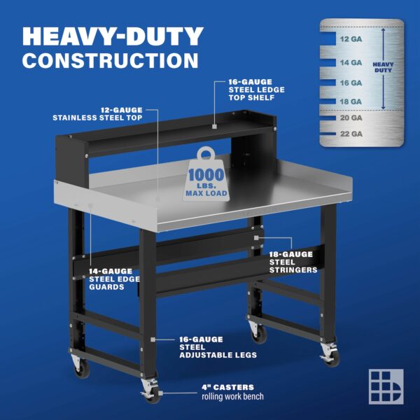 Image showcasing steel gauge details for a 48" mobile stainless steel work bench