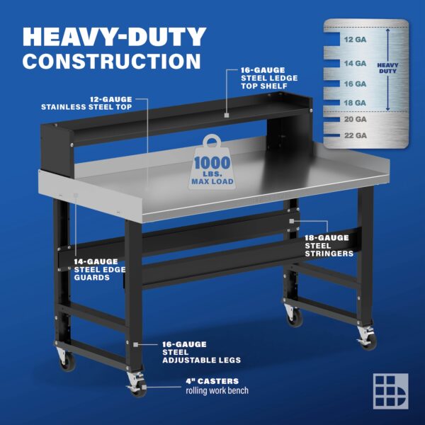 Image showcasing steel gauge details for a 60" Wide Mobile Stainless Steel Work bench