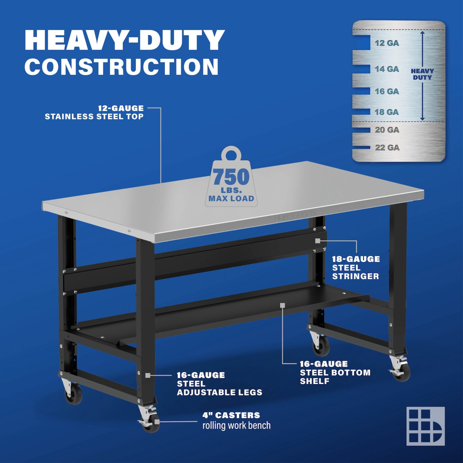60″ W Mobile Adjustable Workbench w/ Stainless Steel Top & Bottom Shelf ...