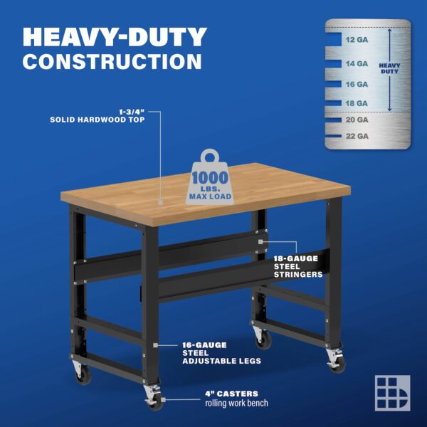 Image showcasing steel gauge details for a 48" Wide Mobile wood top workbench