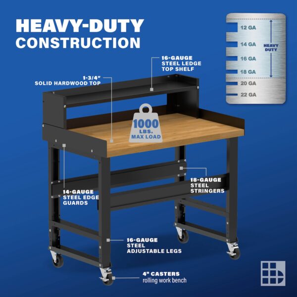 Image showcasing steel gauge details for a 48" Wide Mobile Wood Work bench