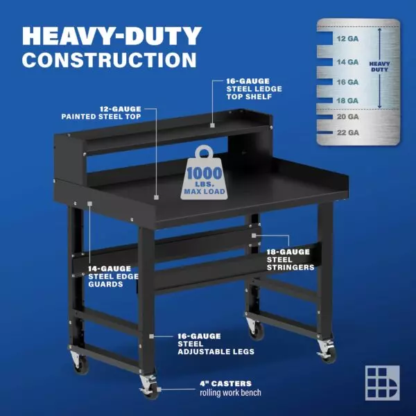 Image showcasing steel gauge details for a 48" Wide Mobile Steel Work bench