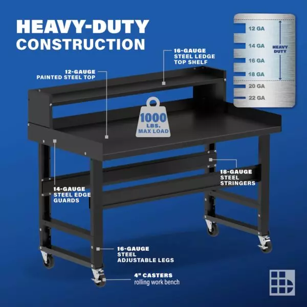 Image showcasing steel gauge details for a 60" Wide Mobile Steel Work bench