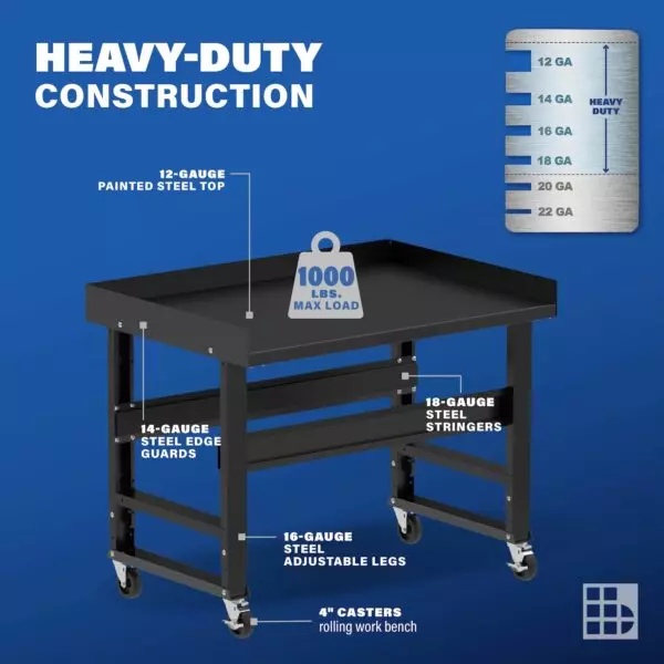 Image showcasing steel gauge details for a 48" Wide Rolling metal work bench for sale