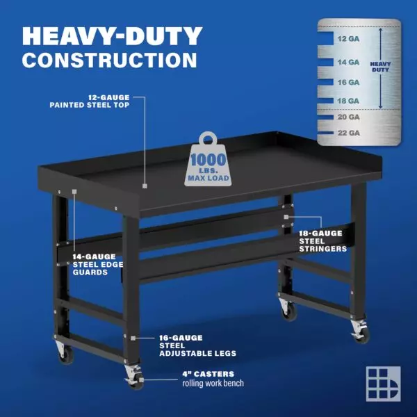 Image showcasing steel gauge details for a 60" Wide Rolling metal work bench for sale