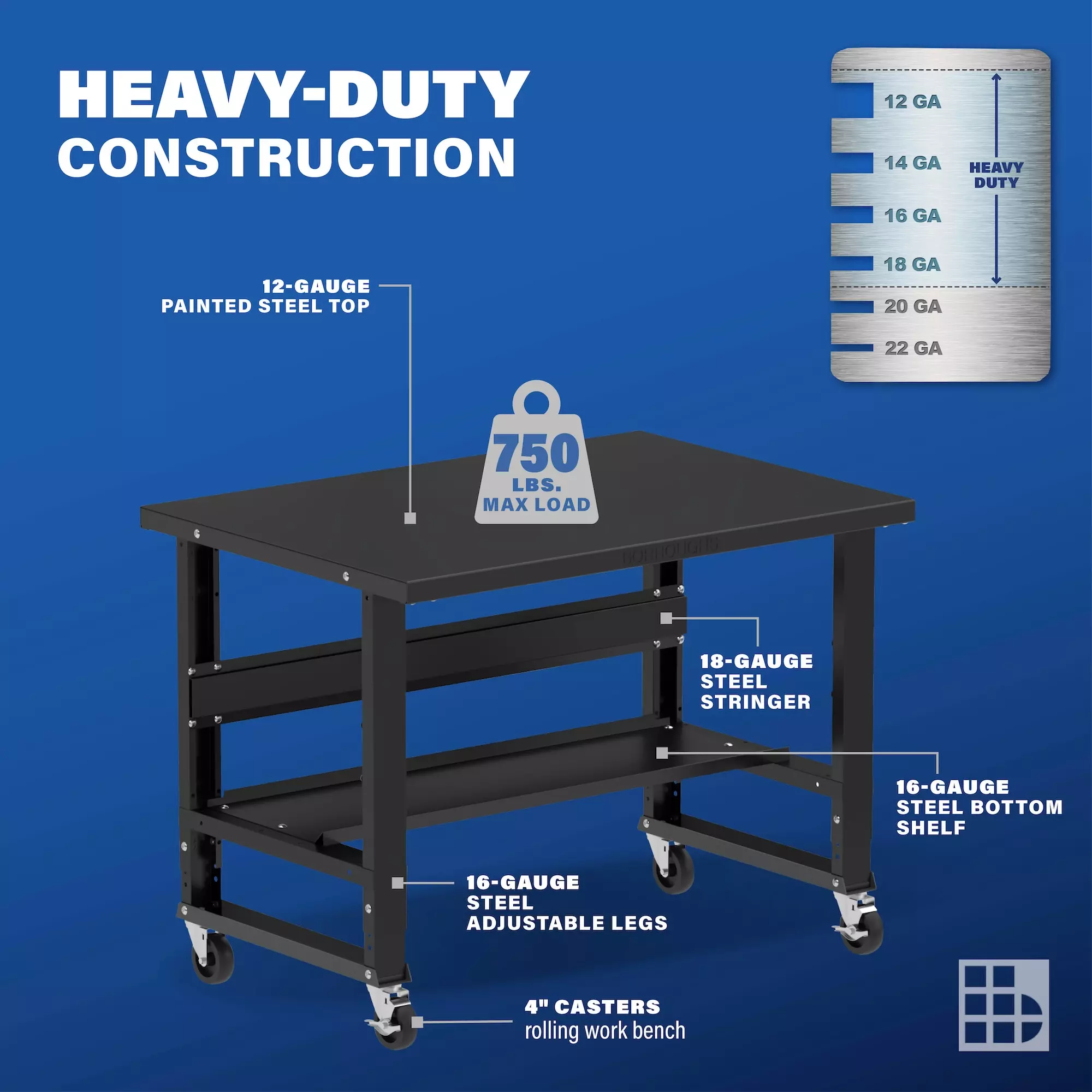 Image showcasing steel gauge details for a 48" Wide Rolling Steel workbench for sale