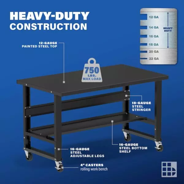 Image showcasing steel gauge details for a 60" Wide Rolling Steel workbench for sale