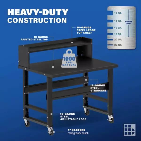 Image showcasing steel gauge details for a 48" Wide Rolling Steel Workbench