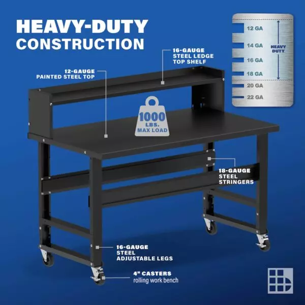 Image showcasing steel gauge details for a 60" Wide Rolling Steel Workbench