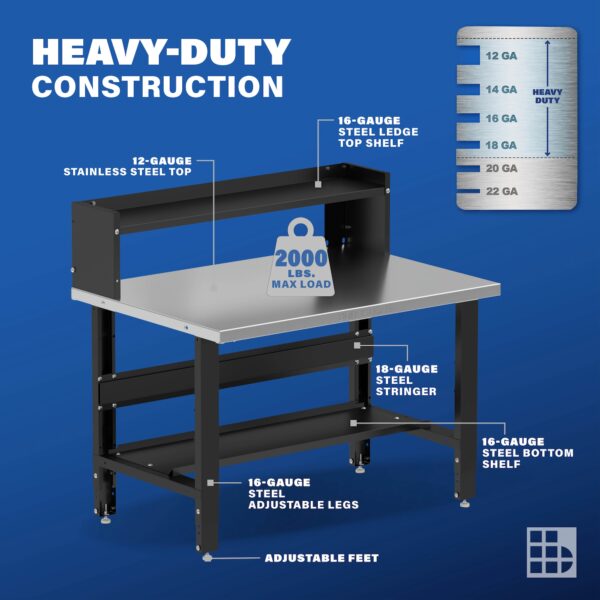 Image showcasing steel gauge details for a 48" Small Stainless Steel Workbench