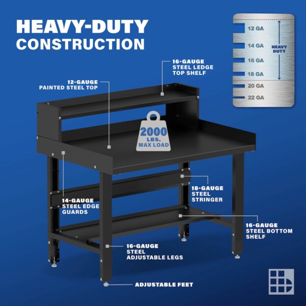 Image showcasing steel gauge details for a 48" Wide steel work bench for sale