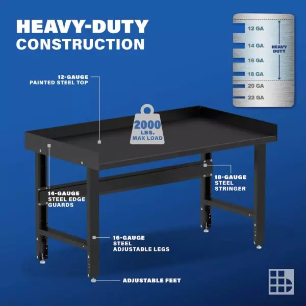 Image showcasing steel gauge details for a 60" steel work bench for sale