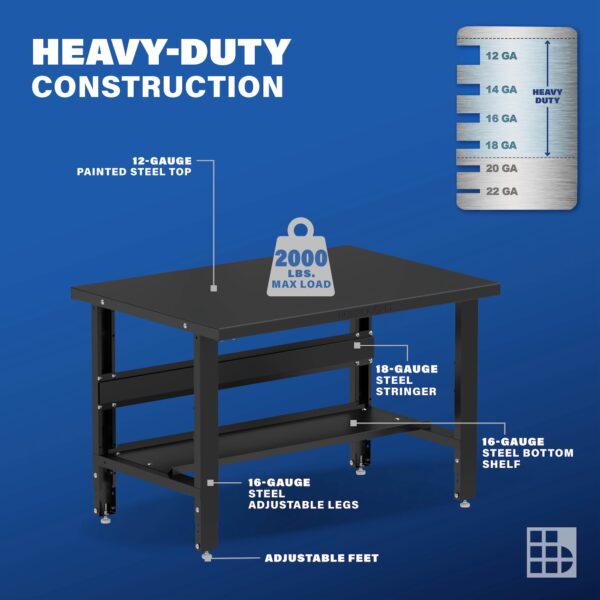 Image showcasing steel gauge details for a 48" Wide Adjustable Height Steel workbench