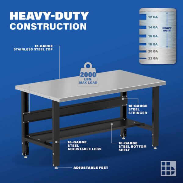 Image showcasing steel gauge details for a 60" Wide Adjustable Height Stainless Steel work bench