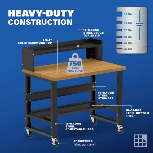 Image showcasing steel gauge details for a 48" Wide Wood Workbench on Casters