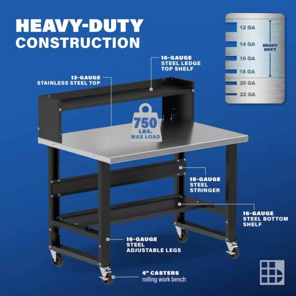 Image showcasing steel gauge details for a 48" Stainless Steel Workbench on Casters