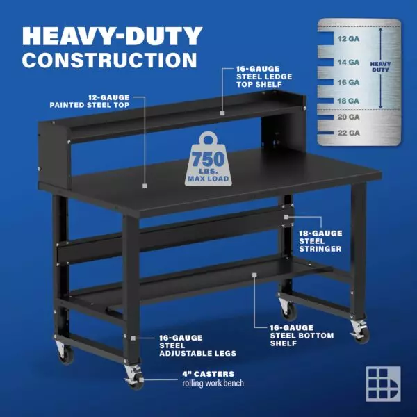Image showcasing steel gauge details for a 60" Wide Steel Workbench on Casters