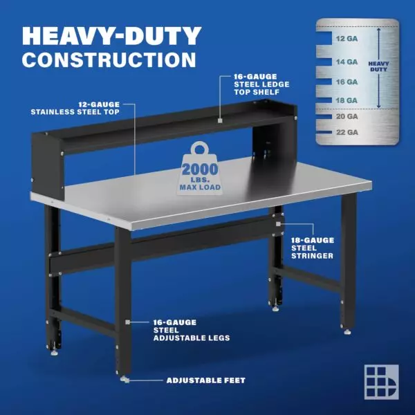 Image showcasing steel gauge details for 60" Wide stainless steel Workbenches for Garages