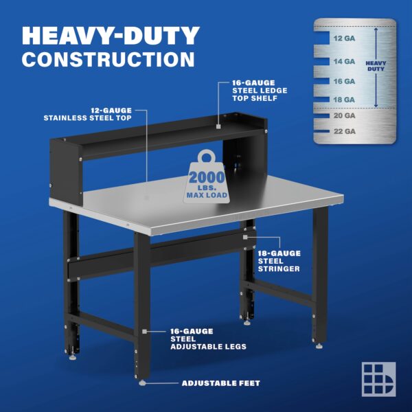 Image showcasing steel gauge details for a 48" stainless steel Workbenches for the garage
