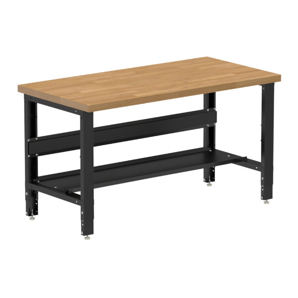 Borroughs Height Adjustable Workbench, Black 60" Wide Adjustable Height Workbench with Hardwood Top with Bottom Shelf