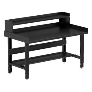 Borroughs Metal Work Bench For Sale, Black 60" Wide Adjustable Height Workbenches with Steel Painted Top with Bottom Shelf, Ledge Shelf, and Edge Guards