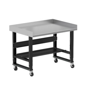Borroughs Mobile Garage Workbench, Black 48" Wide Rolling Adjustable Height Workbenches with Stainless Steel Top with Bottom Shelf, Edge Guards, and Casters