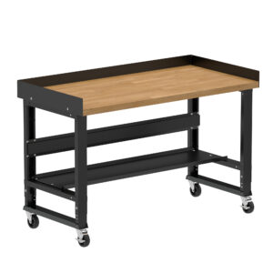 Borroughs Mobile Garage Workbench, Black 60" Wide Rolling Adjustable Height Workbench with Hardwood Top with Bottom Shelf, Edge Guards, and Casters