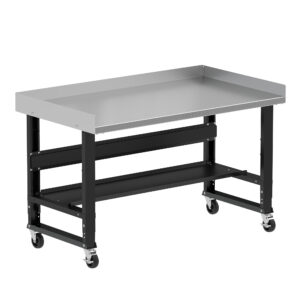 Borroughs Mobile Garage Workbench, Black 60" Wide Rolling Adjustable Height Workbenches with Stainless Steel Top with Bottom Shelf, Edge Guards, and Casters