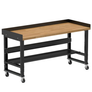 Borroughs Mobile Garage Workbench, Black 72" Wide Rolling Adjustable Height Workbench with Hardwood Top with Bottom Shelf, Edge Guards, and Casters