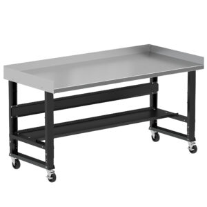 Borroughs Mobile Garage Workbench, Black 72" Wide Rolling Adjustable Height Workbenches with Stainless Steel Top with Bottom Shelf, Edge Guards, and Casters