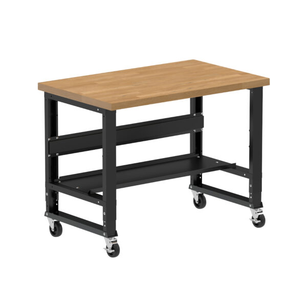 Borroughs Mobile Solid Wood Top Workbench, Black 48" Wide Rolling Adjustable Height Workbench with Hardwood Top with Bottom Shelf and Casters