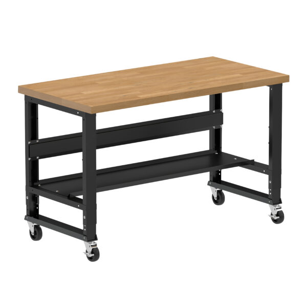 Borroughs Mobile Solid Wood Top Workbench, Black 60" Wide Rolling Adjustable Height Workbench with Hardwood Top with Bottom Shelf and Casters