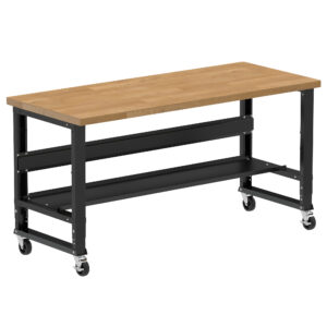 Borroughs Mobile Solid Wood Top Workbench, Black 72" Wide Rolling Adjustable Height Workbench with Hardwood Top with Bottom Shelf and Casters