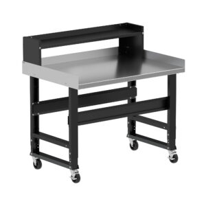 Borroughs Mobile Stainless Steel Work Bench, Black 48" Wide Rolling Adjustable Height Workbenches with Stainless Steel Top with Ledge Shelf, Edge Guards, and Casters