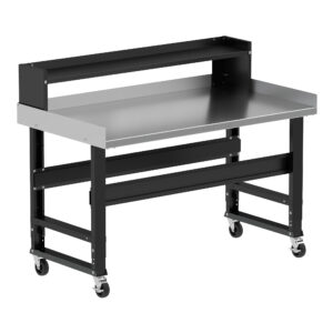Borroughs Mobile Stainless Steel Work Bench, Black 60" Wide Rolling Adjustable Height Workbenches with Stainless Steel Top with Ledge Shelf, Edge Guards, and Casters