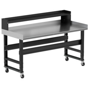 Borroughs Mobile Stainless Steel Work Bench, Black 72" Wide Rolling Adjustable Height Workbenches with Stainless Steel Top with Ledge Shelf, Edge Guards, and Casters