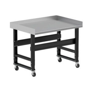 Borroughs Mobile Stainless Steel Workbench For Sale, Black 48" Wide Rolling Adjustable Height Workbenches with Stainless Steel Top with Edge Guards and Casters