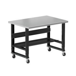Borroughs Mobile Stainless Steel Workbench For Sale, Black 48" Wide Rolling Adjustable Height Workbenches with Stainless Steel Top with Bottom Shelf and Casters