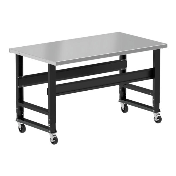 Borroughs Mobile Stainless Steel Workbench For Sale, Black 60" Wide Rolling Adjustable Height Workbenches with Stainless Steel Top with Casters