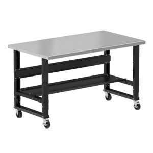 Borroughs Mobile Stainless Steel Workbench For Sale, Black 60" Wide Rolling Adjustable Height Workbenches with Stainless Steel Top with Bottom Shelf and Casters