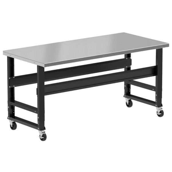 Borroughs Mobile Stainless Steel Workbench For Sale, Black 72" Wide Rolling Adjustable Height Workbenches with Stainless Steel Top with Casters