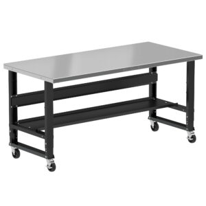 Borroughs Mobile Stainless Steel Workbench For Sale, Black 72" Wide Rolling Adjustable Height Workbenches with Stainless Steel Top with Bottom Shelf and Casters