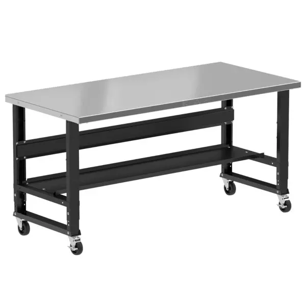 Borroughs Mobile Stainless Steel Workbench For Sale, Black 72" Wide Rolling Adjustable Height Workbenches with Stainless Steel Top with Bottom Shelf and Casters