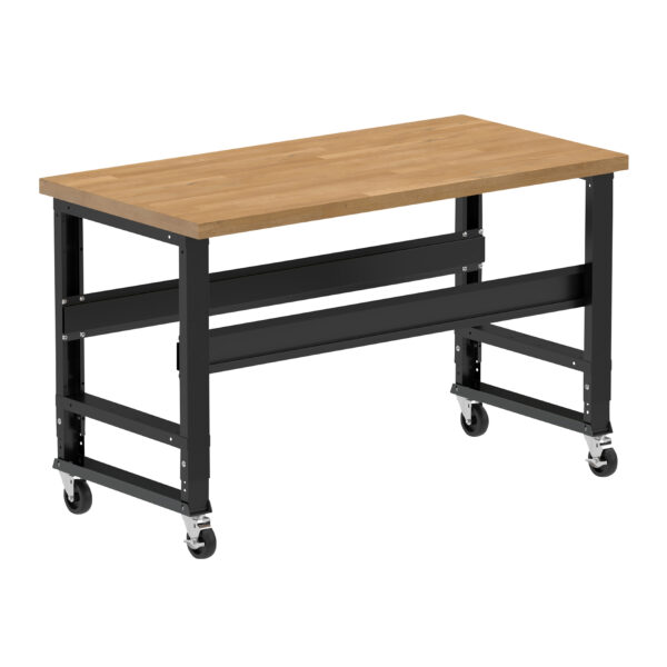 Borroughs Mobile Wood Top Workbench, Black 60" Wide Rolling Adjustable Height Workbench with Hardwood Top with Casters