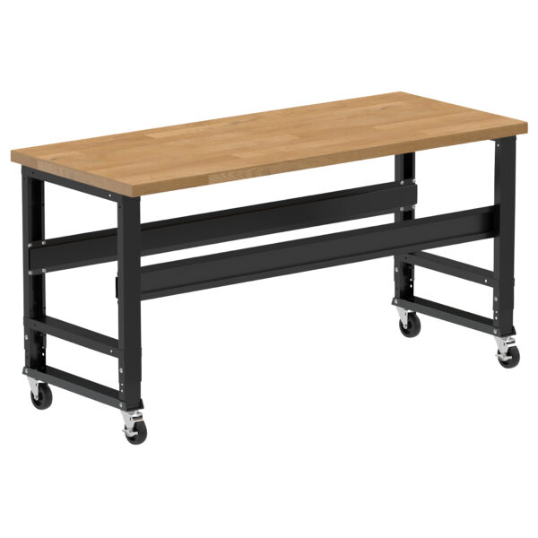 Borroughs Mobile Wood Top Workbench, Black 72" Wide Rolling Adjustable Height Workbench with Hardwood Top with Casters